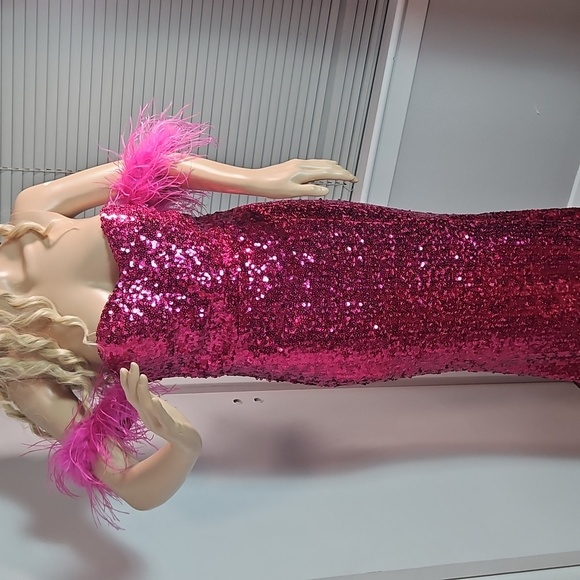 Pink Sequin Gown with Feather Details - Picture 4 of 13